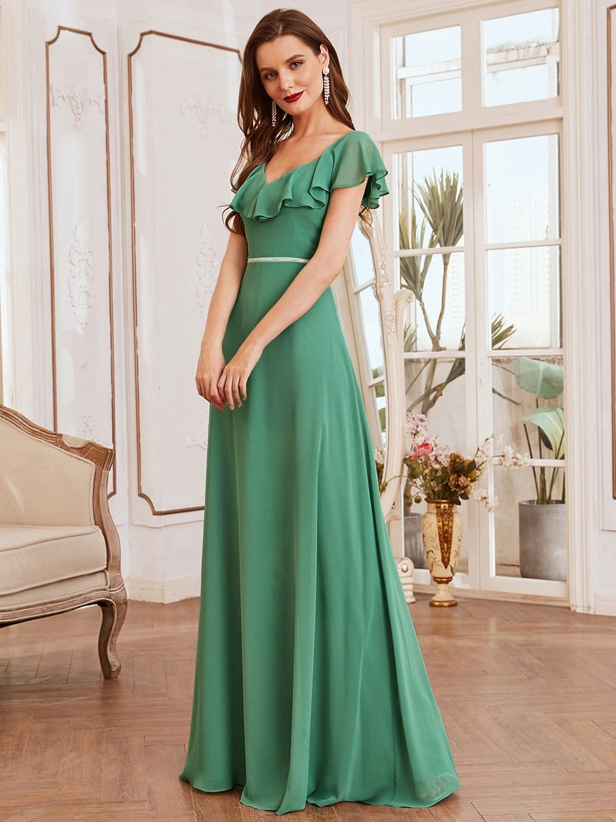 Color=Green Blue | Elegant Floor Length Ruffled V-neck Chiffon Bridesmaid Dress-Green Blue 3