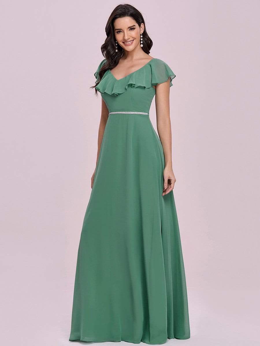 Color=Green Blue  | Elegant Floor Length Ruffled V-neck Chiffon Bridesmaid Dress-Green Blue  6