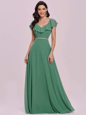 Color=Green Blue  | Elegant Floor Length Ruffled V-neck Chiffon Bridesmaid Dress-Green Blue  7