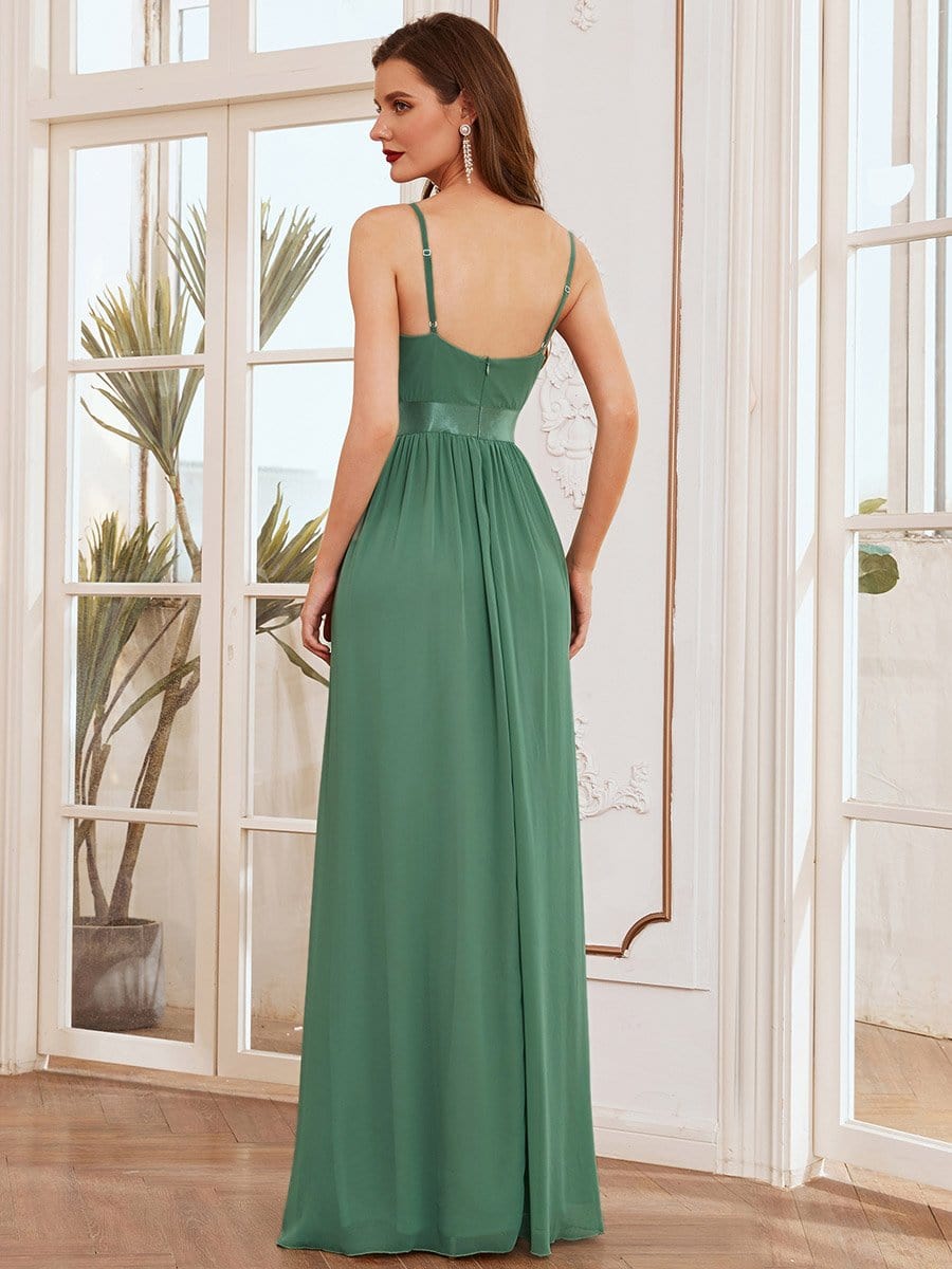 Color=Green Blue | Elegant Floor Length Ruffled V-neck Chiffon Bridesmaid Dress-Green Blue 2