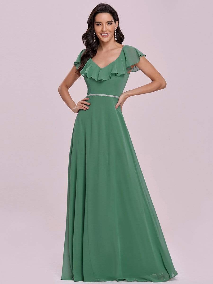 Color=Green Blue  | Elegant Floor Length Ruffled V-neck Chiffon Bridesmaid Dress-Green Blue  4