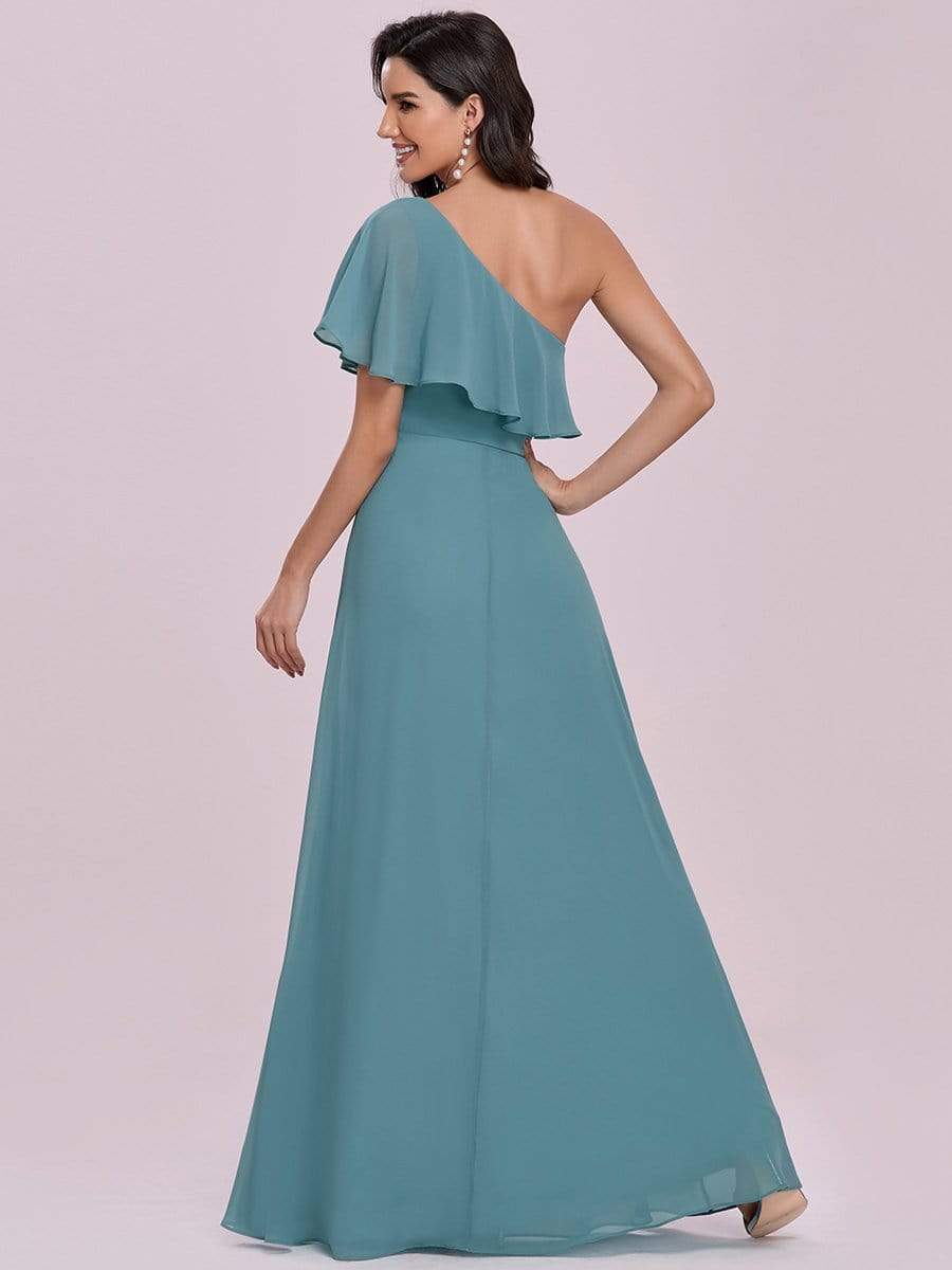 Color=Dusty blue | Elegant One-Shoulder Floor Length Beaded Bridesmaid Dress-Dusty blue 4