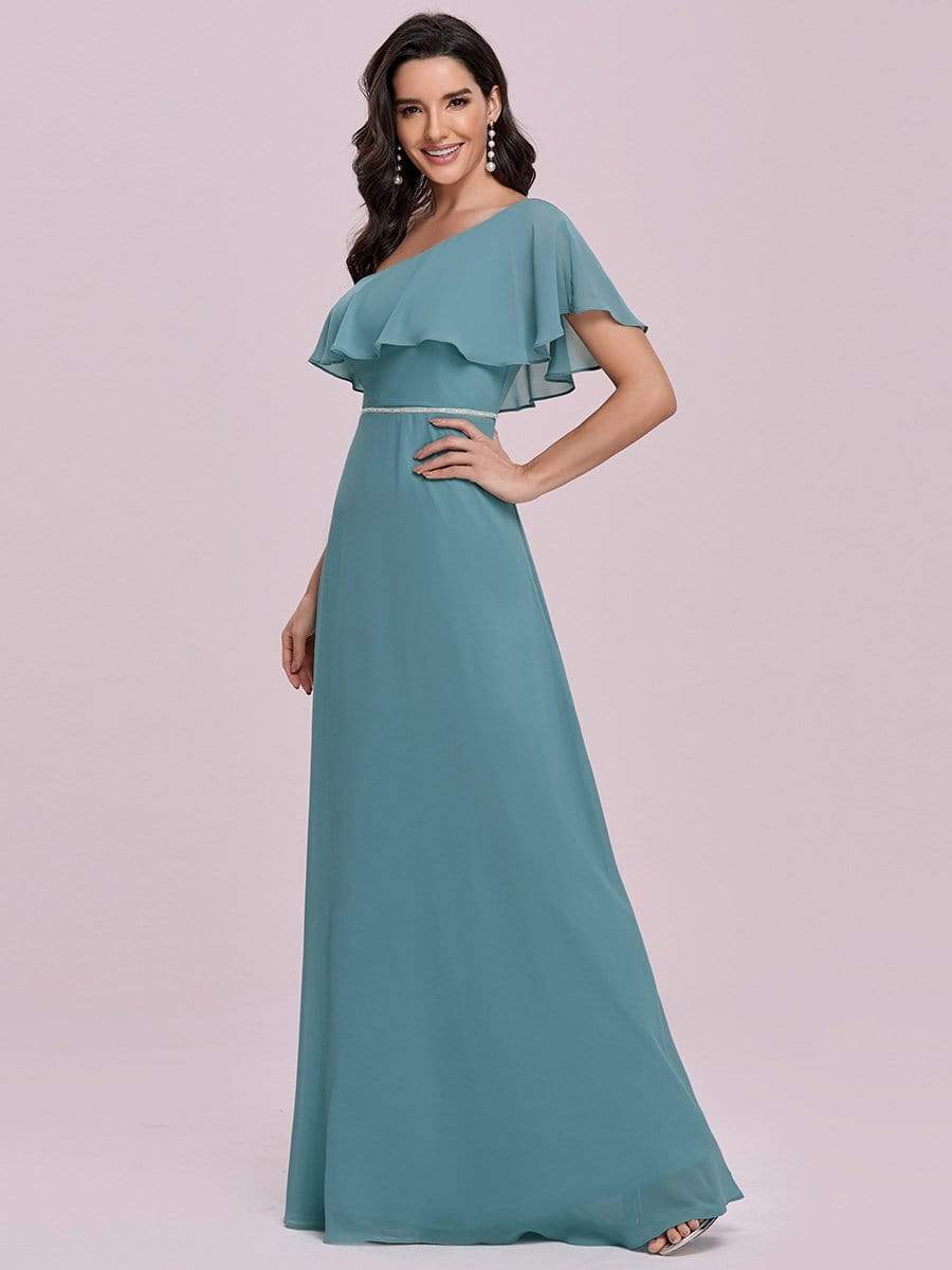 Color=Dusty blue | Elegant One-Shoulder Floor Length Beaded Bridesmaid Dress-Dusty blue 5