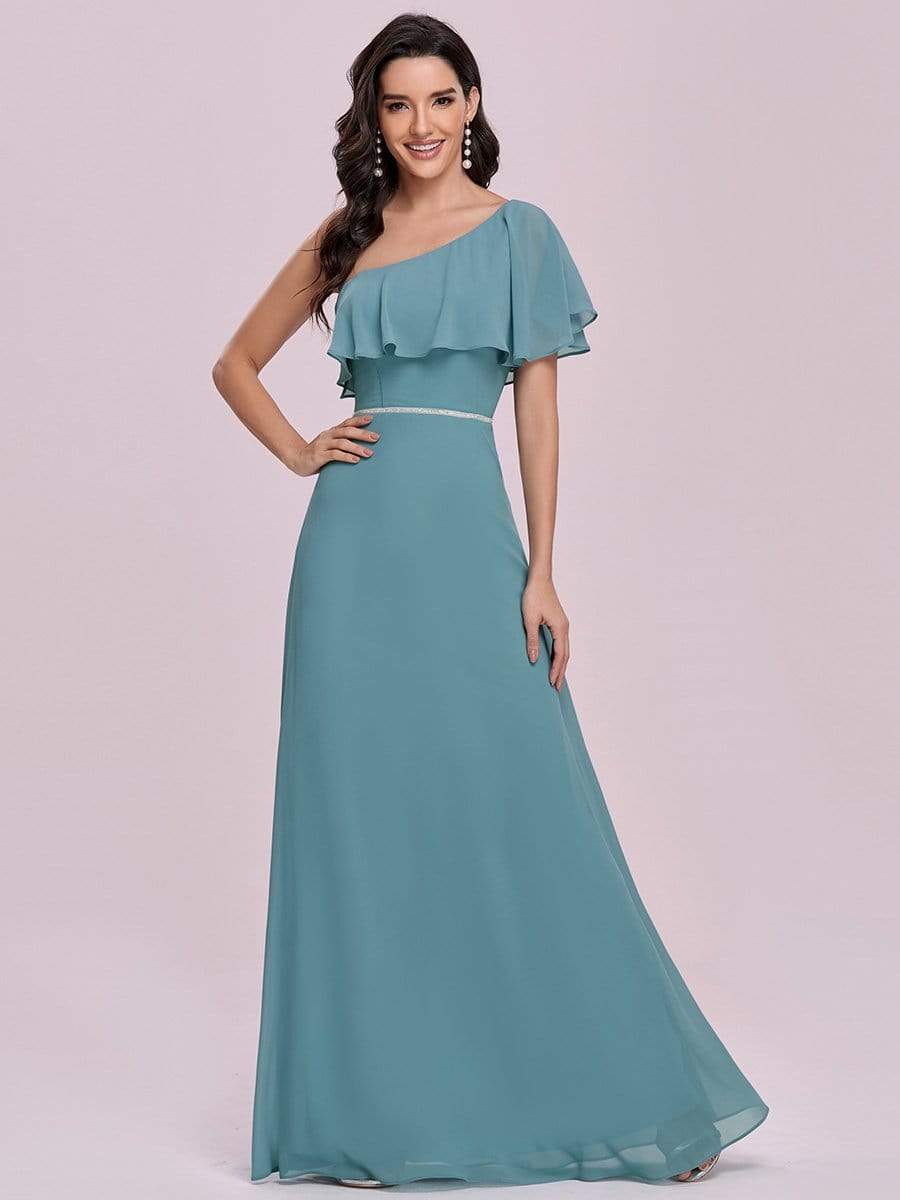 Color=Dusty blue | Elegant One-Shoulder Floor Length Beaded Bridesmaid Dress-Dusty blue 6