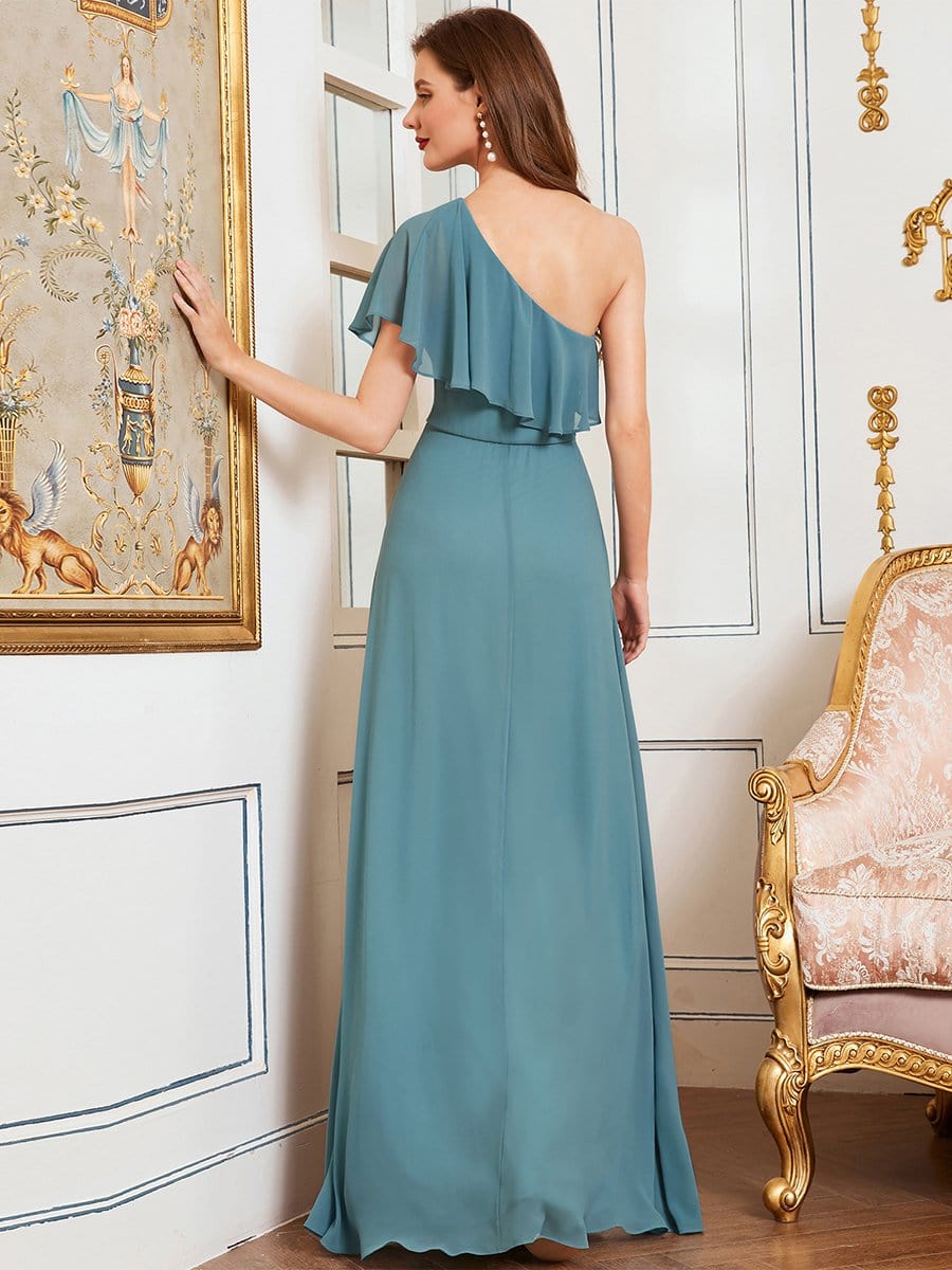 Color=Dusty blue | Elegant One-Shoulder Floor Length Beaded Bridesmaid Dress-Dusty blue 2