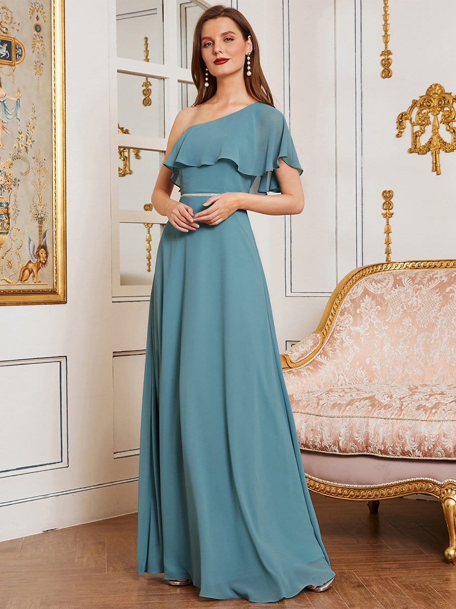 Color=Dusty blue | Elegant One-Shoulder Floor Length Beaded Bridesmaid Dress-Dusty blue 1