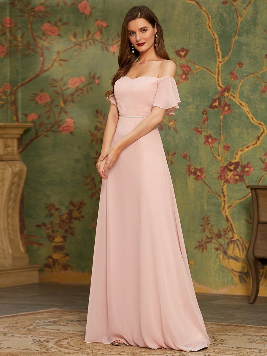 Long Bridesmaid Dress Chiffon A-Line Short Sleeves Dresses