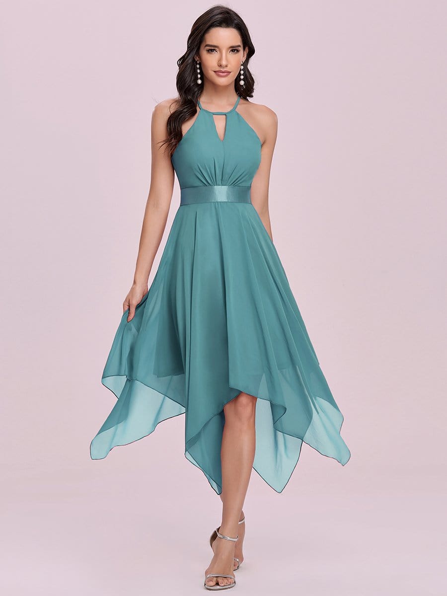 Color=Dusty blue | Flowy Halter Hollow-Out High Waist Chiffon Bridesmaid Dress-Dusty blue 4