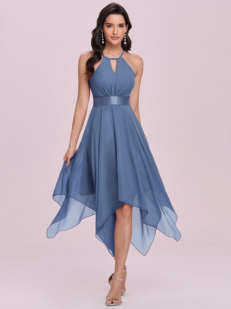 Color=Dusty Navy | Flowy Halter Hollow-Out High Waist Chiffon Bridesmaid Dress-Dusty Navy 4