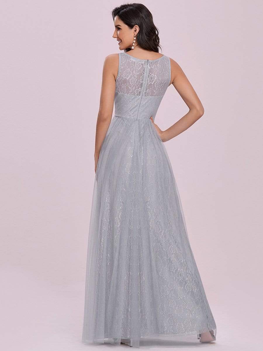 Color=Grey | Deep V-Neck Sleeveless Bridesmaid Dress With A-Line Skirt -Grey 5