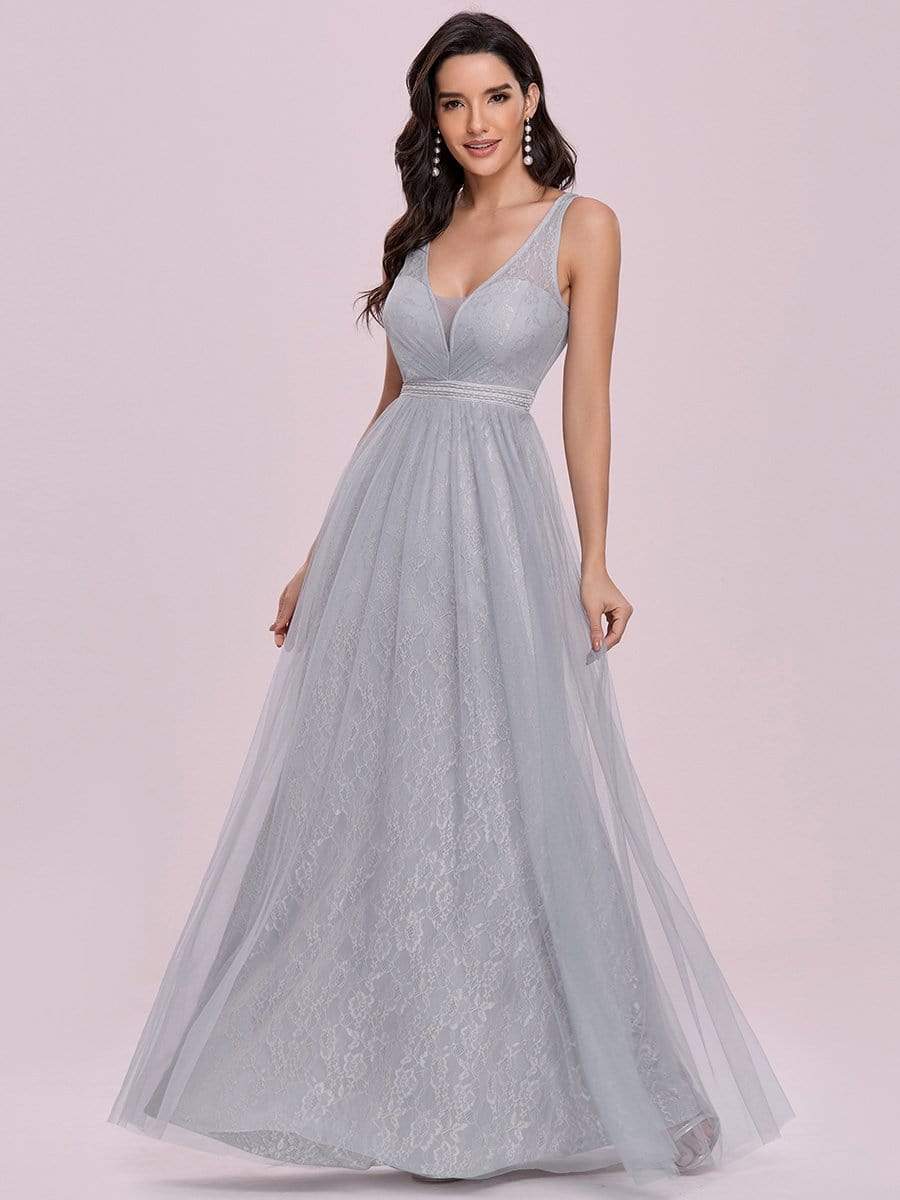 Color=Grey | Deep V-Neck Sleeveless Bridesmaid Dress With A-Line Skirt -Grey 6