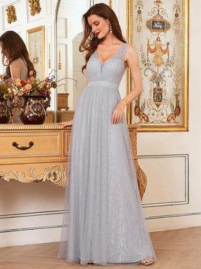 Color=Grey | Deep V-Neck Sleeveless Bridesmaid Dress With A-Line Skirt -Grey 1