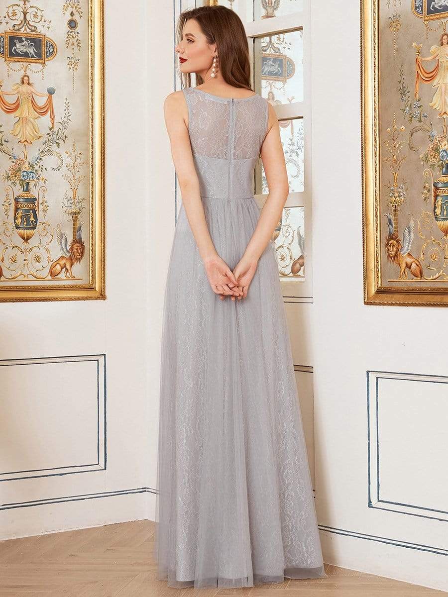 Color=Grey | Deep V-Neck Sleeveless Bridesmaid Dress With A-Line Skirt -Grey 2