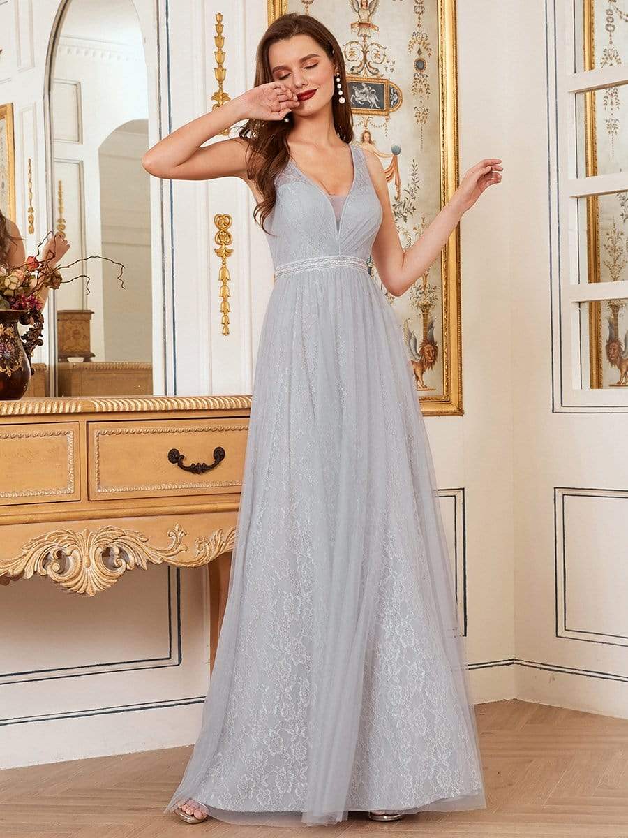 Color=Grey | Deep V-Neck Sleeveless Bridesmaid Dress With A-Line Skirt -Grey 3