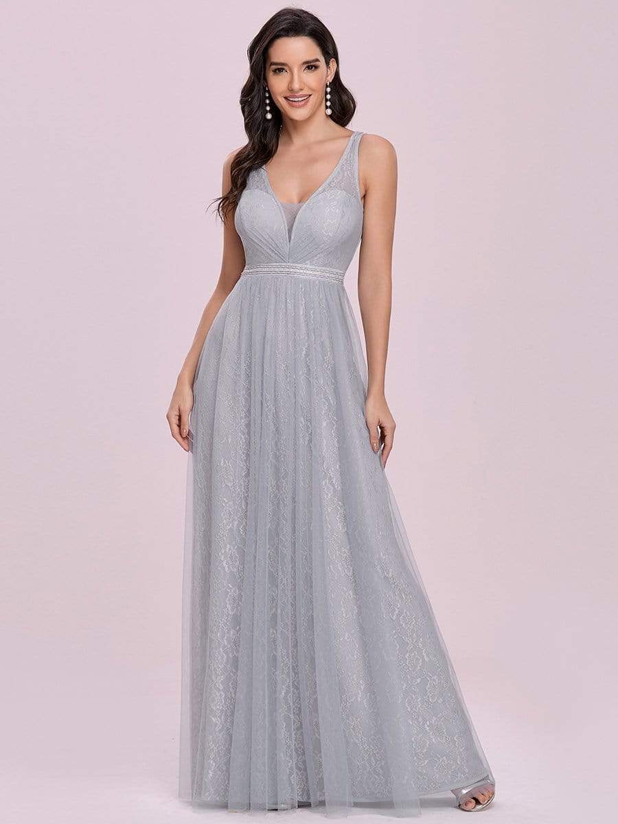 Color=Grey | Deep V-Neck Sleeveless Bridesmaid Dress With A-Line Skirt -Grey 4