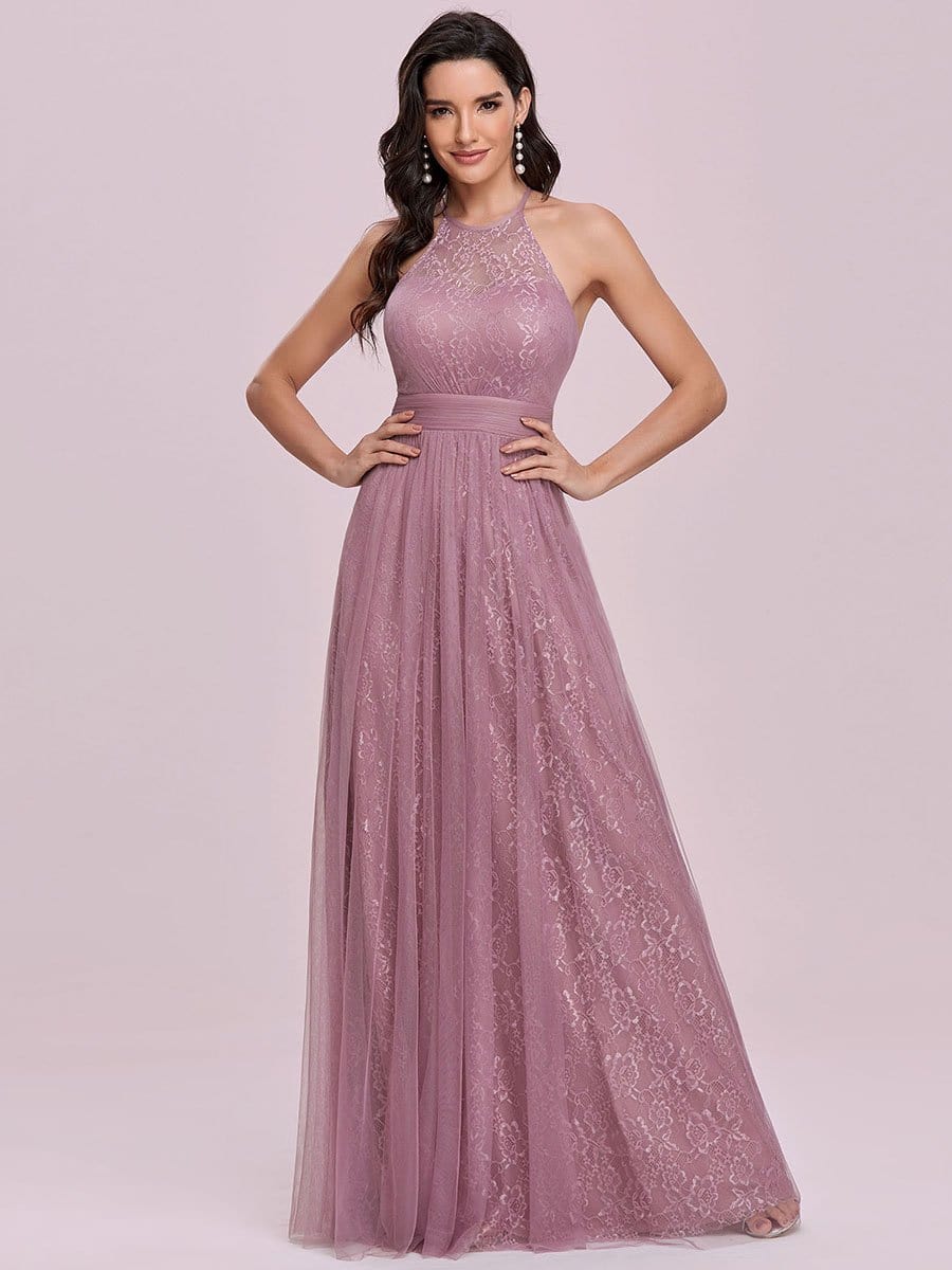 Color=Purple Orchid | Elegant High Waist Halter Lace & Tulle Bridesmaid Dress-Purple Orchid 6