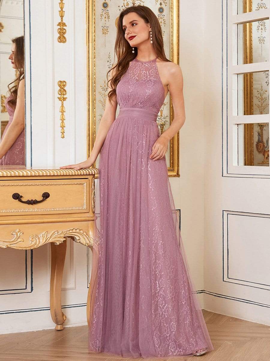 Color=Purple Orchid | Elegant High Waist Halter Lace & Tulle Bridesmaid Dress-Purple Orchid 3