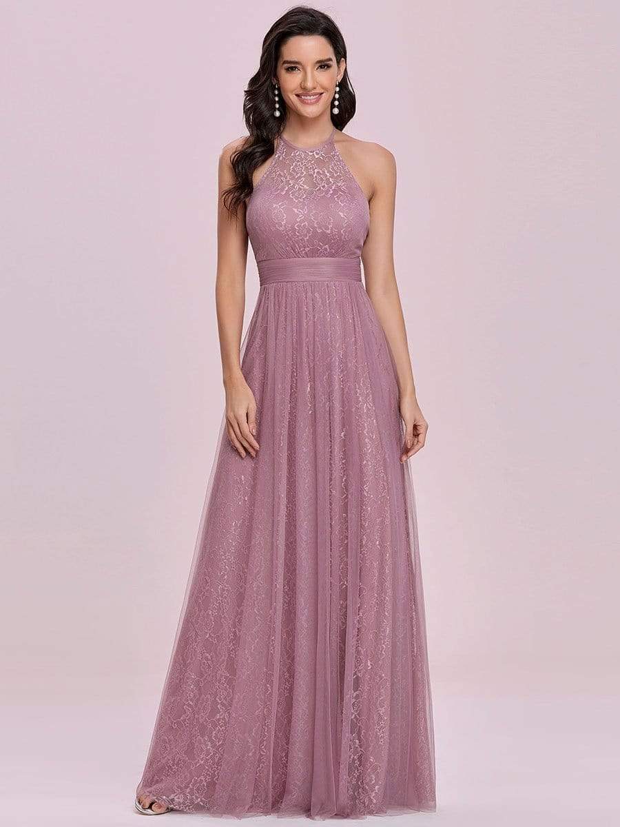 Color=Purple Orchid | Elegant High Waist Halter Lace & Tulle Bridesmaid Dress-Purple Orchid 4