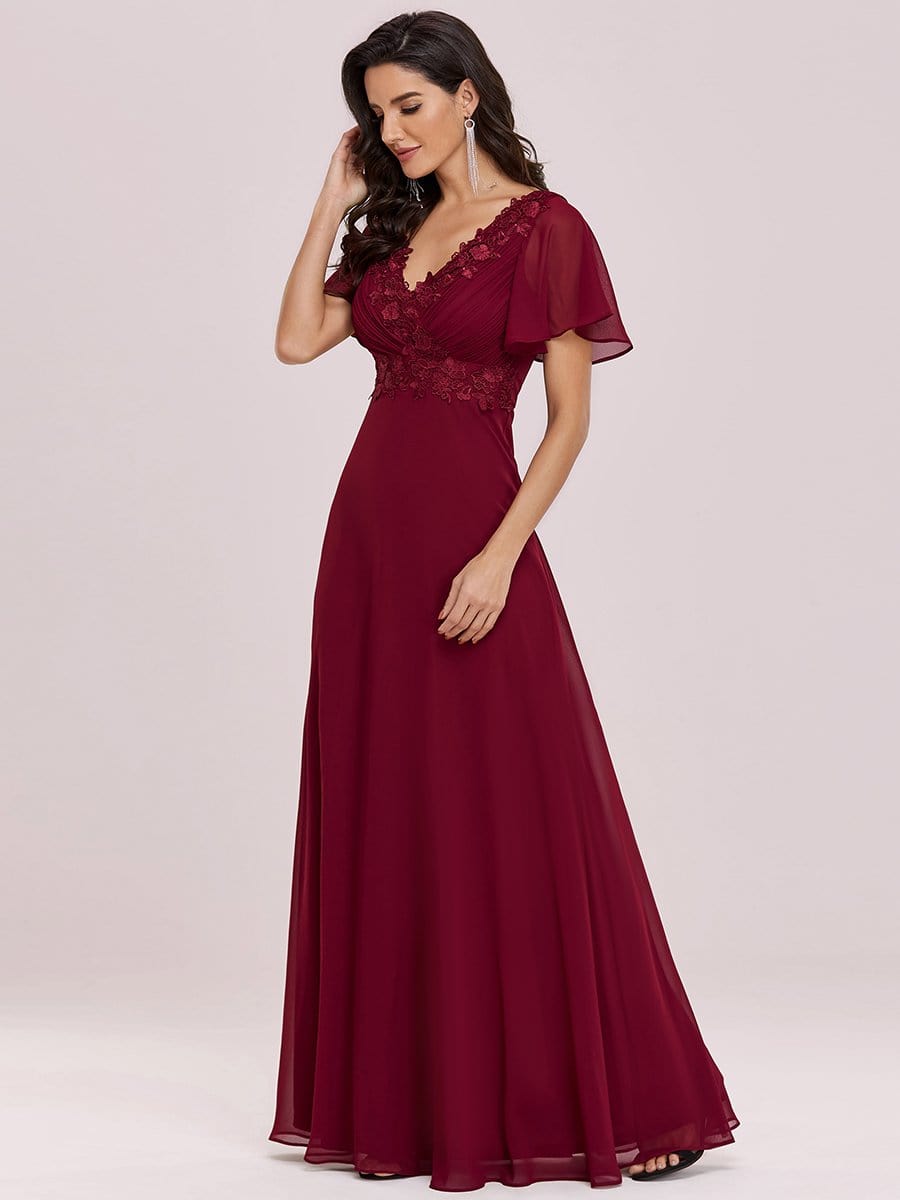 Color=Burgundy | Stunning Long Bridesmaid Dress With Appliqued V Neck-Burgundy 6