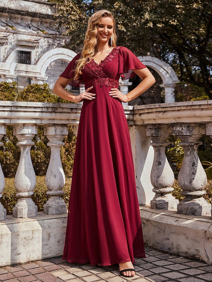 Color=Burgundy | Stunning Long Bridesmaid Dress With Appliqued V Neck-Burgundy 1