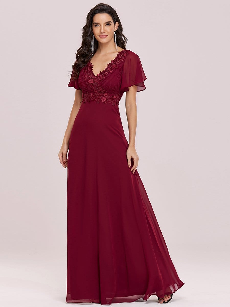 Color=Burgundy | Stunning Long Bridesmaid Dress With Appliqued V Neck-Burgundy 4