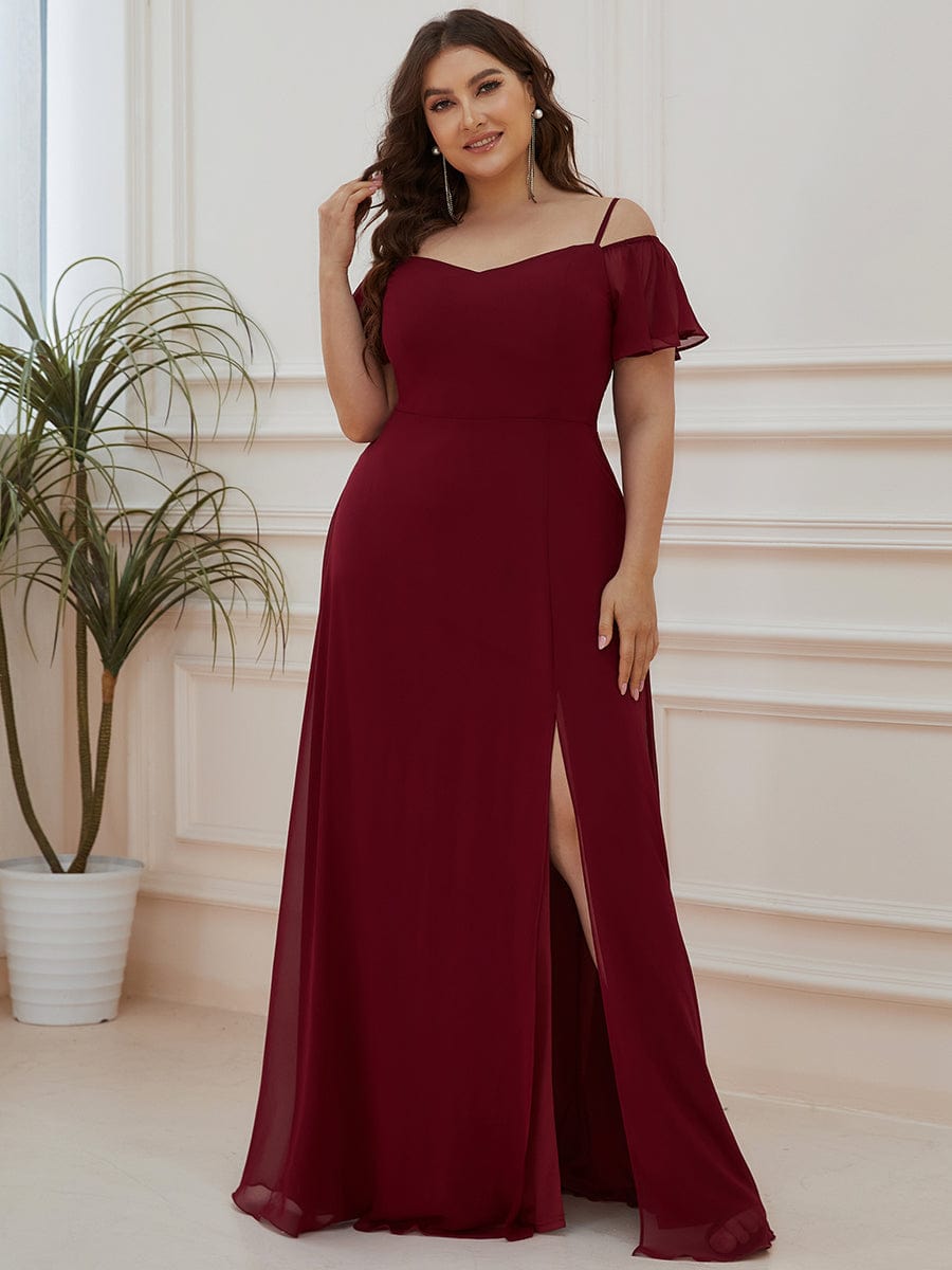 Stylish Cold-Shoulder Floor Length Bridesmaid Dress with Side Slit #color_Burgundy