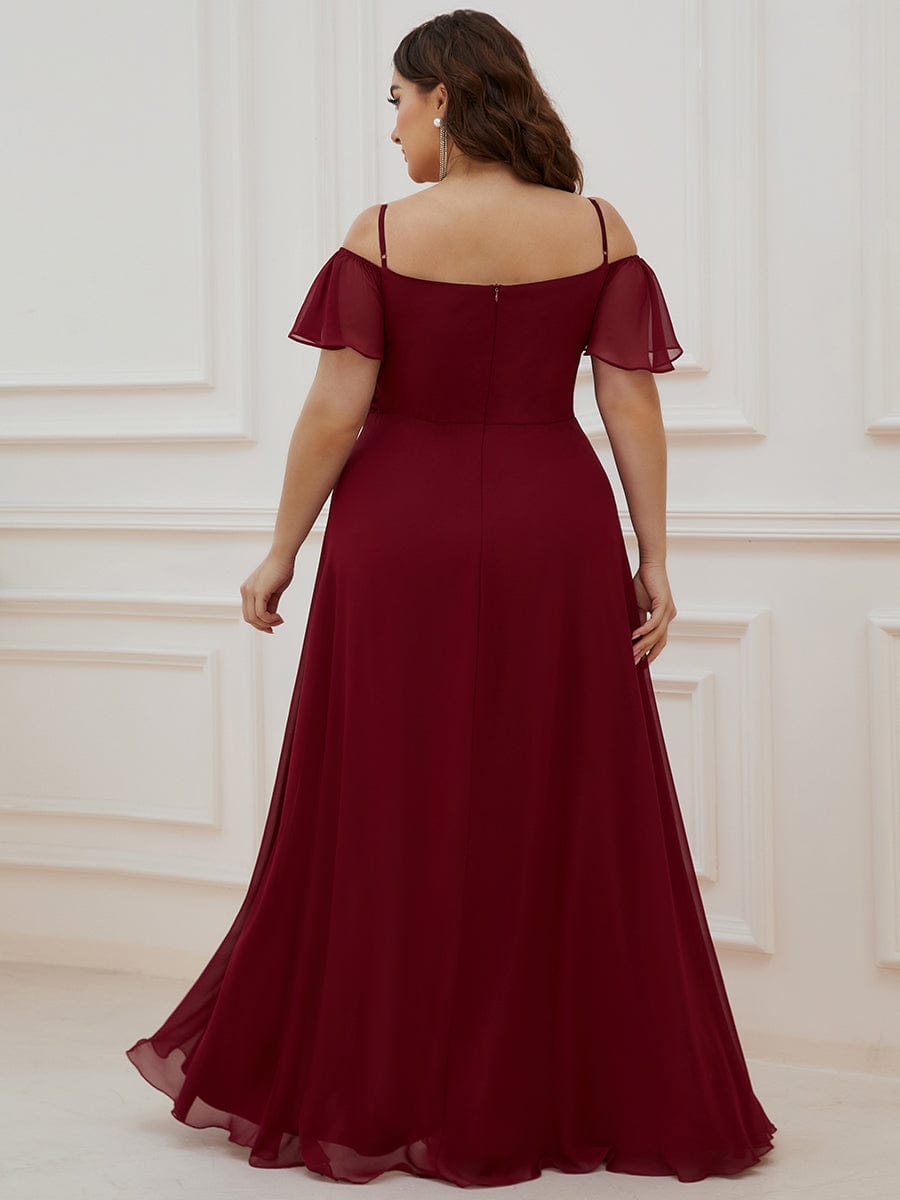 Stylish Cold-Shoulder Floor Length Bridesmaid Dress with Side Slit #color_Burgundy