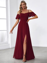 Stylish Cold-Shoulder Floor Length Bridesmaid Dress with Side Slit #color_Burgundy