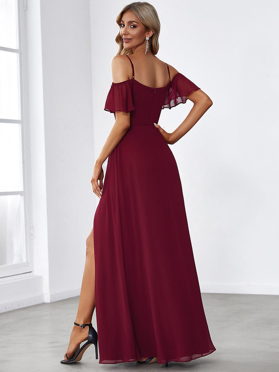 Stylish Cold-Shoulder Floor Length Bridesmaid Dress with Side Slit #color_Burgundy