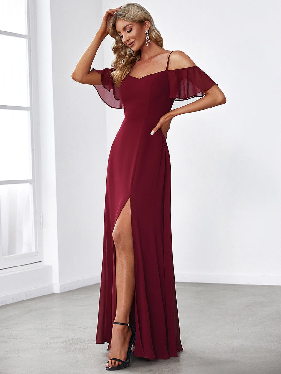 Stylish Cold-Shoulder Floor Length Bridesmaid Dress with Side Slit #color_Burgundy