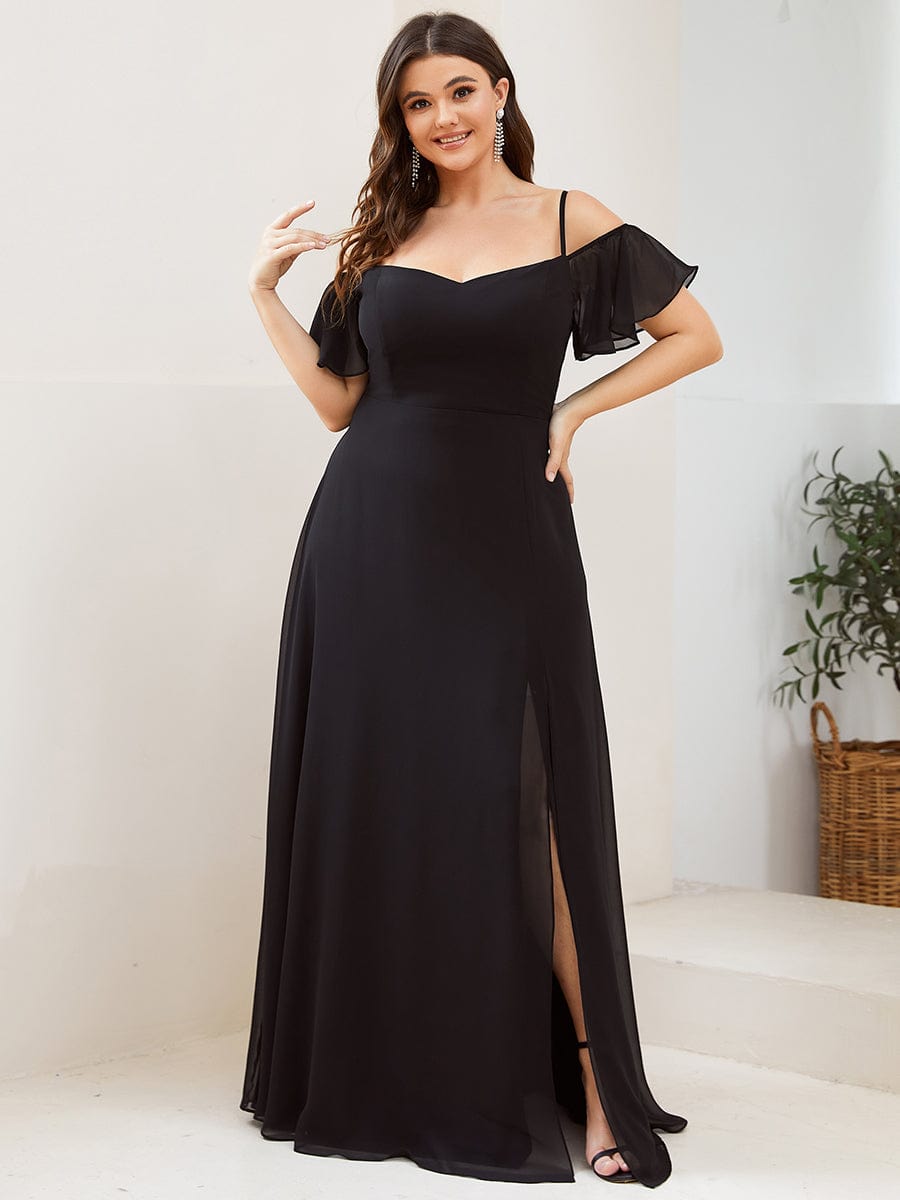 Cold-Shoulder High Split Floor Length Bridesmaid Dress #color_Black