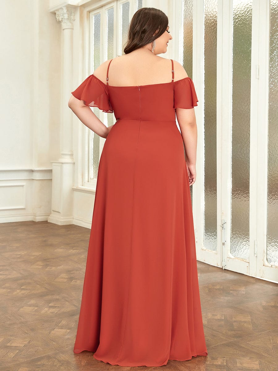 Stylish Cold-Shoulder Floor Length Bridesmaid Dress with Side Slit #color_Burnt Orange