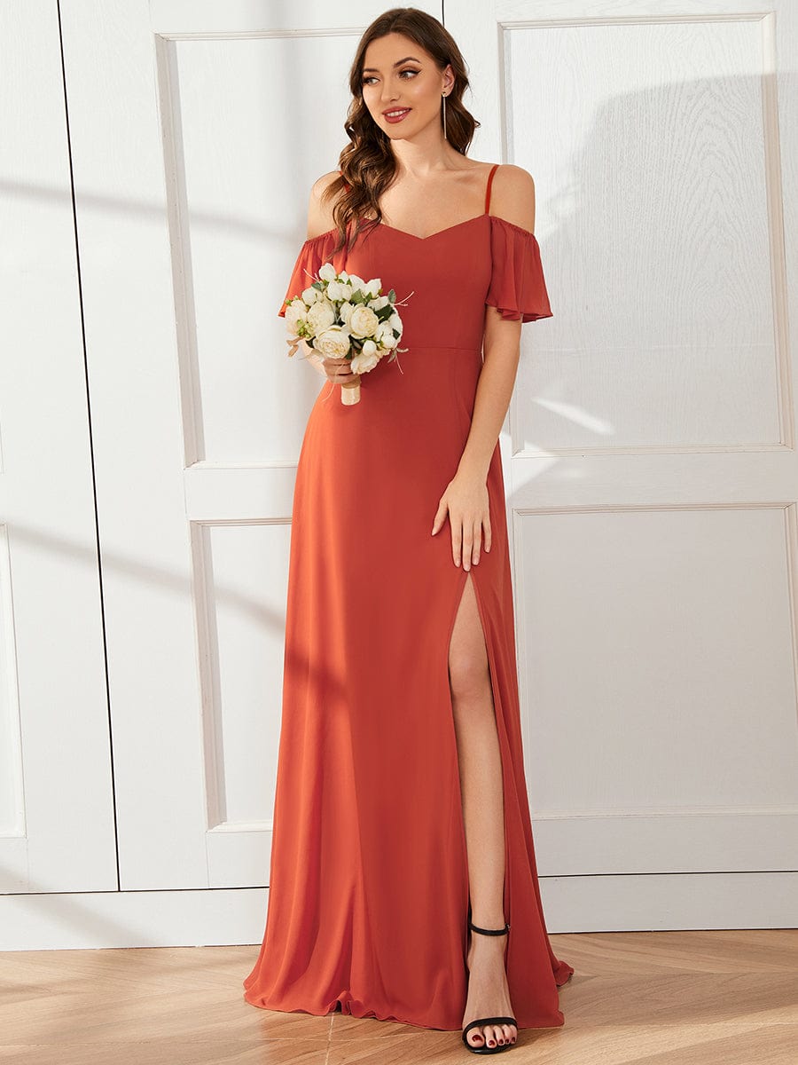 Stylish Cold-Shoulder Floor Length Bridesmaid Dress with Side Slit #color_Burnt Orange