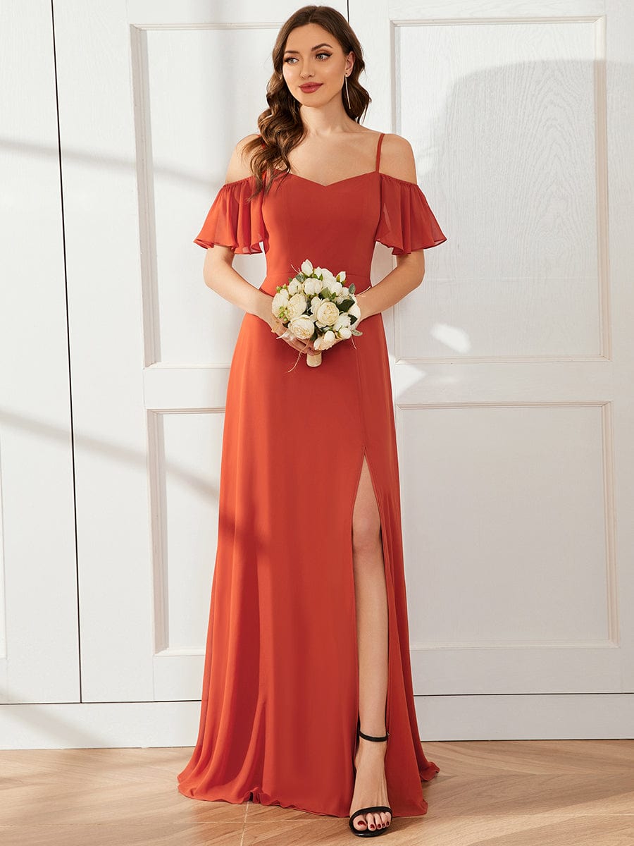 Stylish Cold-Shoulder Floor Length Bridesmaid Dress with Side Slit #color_Burnt Orange