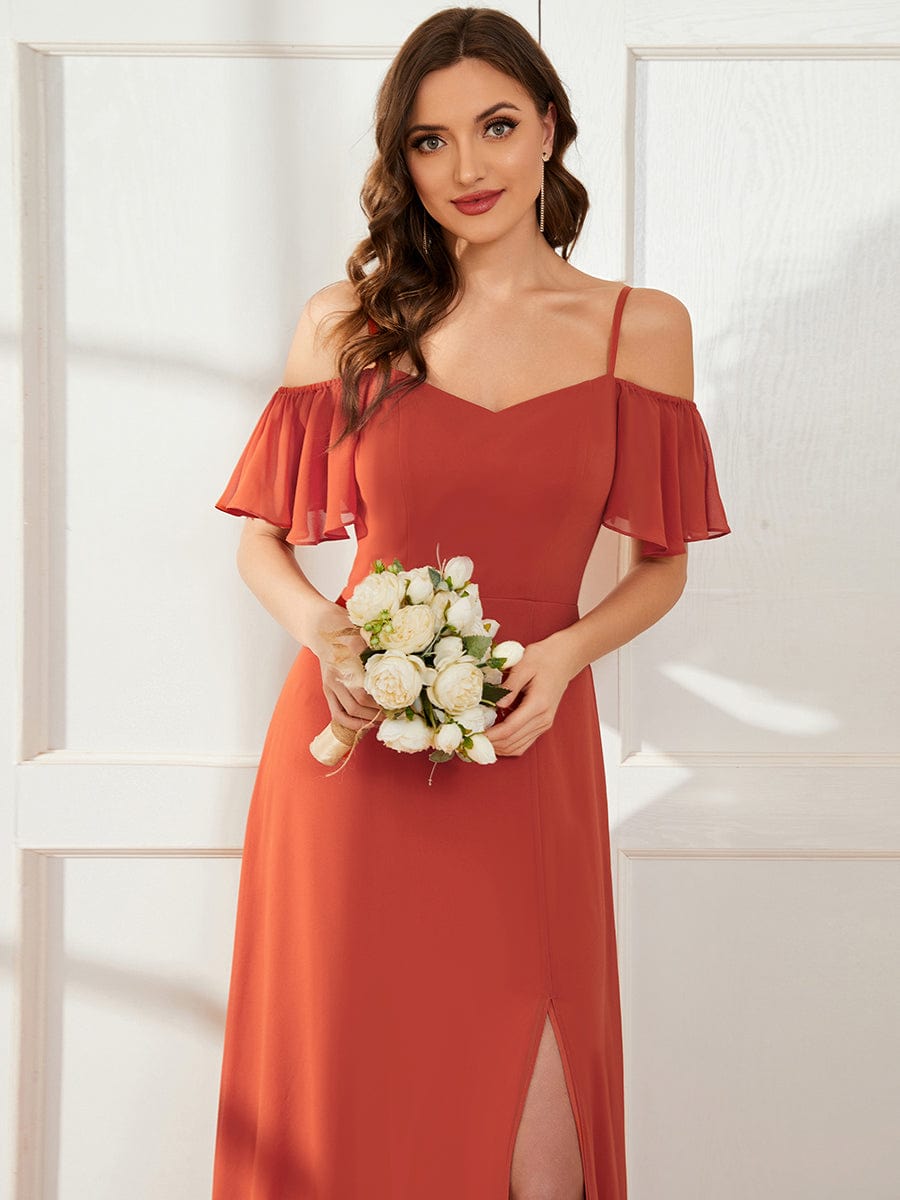 Stylish Cold-Shoulder Floor Length Bridesmaid Dress with Side Slit #color_Burnt Orange