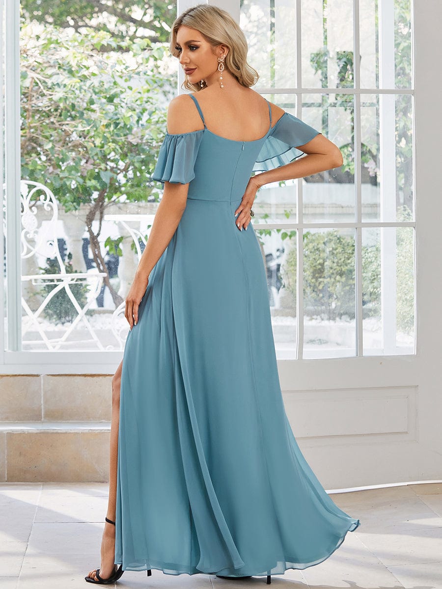 Cold-Shoulder High Split Floor Length Bridesmaid Dress #color_Dusty Blue