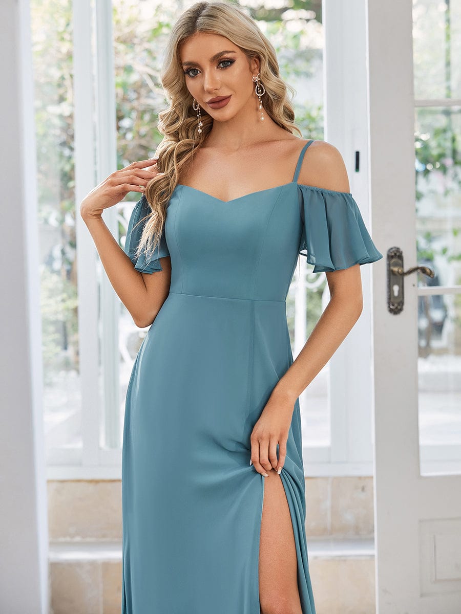 Cold-Shoulder High Split Floor Length Bridesmaid Dress #color_Dusty Blue