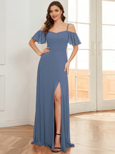 Stylish Cold-Shoulder Floor Length Bridesmaid Dress with Side Slit #color_Dusty Navy