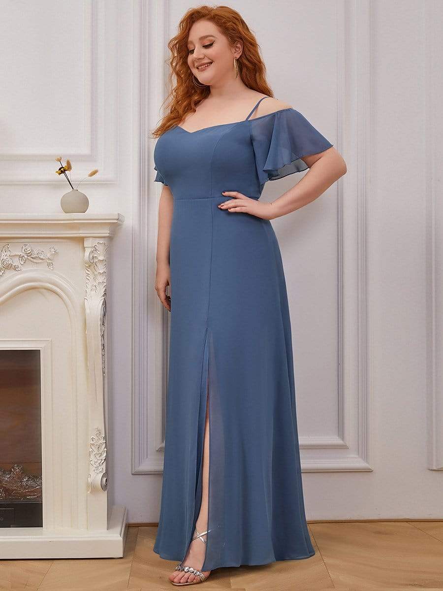 Color=Dusty Navy | Plus-Size Cold-Shoulder V-neck Evening Dress with Side Slit-Dusty Navy 3