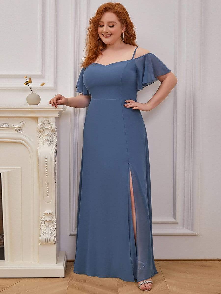 Color=Dusty Navy | Plus-Size Cold-Shoulder V-neck Evening Dress with Side Slit-Dusty Navy 4