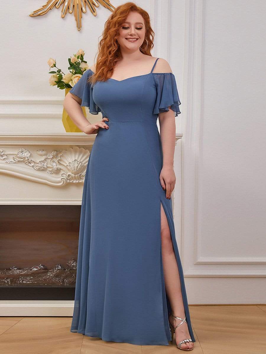 Color=Dusty Navy | Plus-Size Cold-Shoulder V-neck Evening Dress with Side Slit-Dusty Navy 1