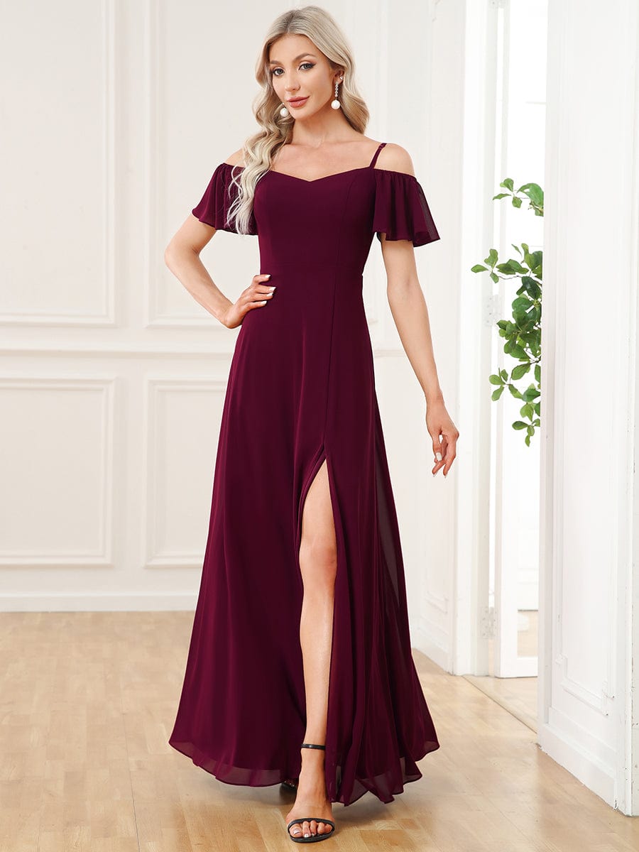 Stylish Cold-Shoulder Floor Length Bridesmaid Dress with Side Slit #color_Mulberry