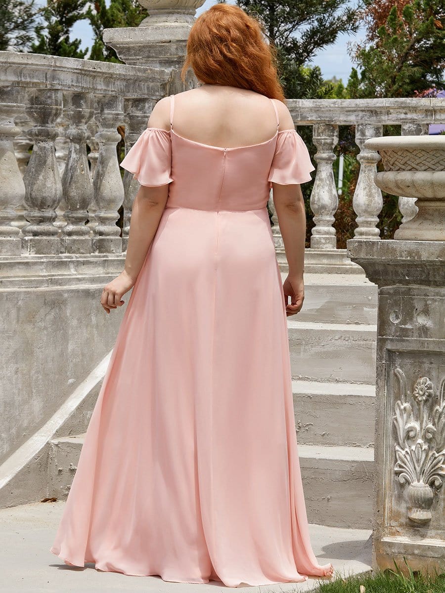 Color=Pink | Plus-Size Cold-Shoulder V-neck Evening Dress with Side Slit-Pink 2