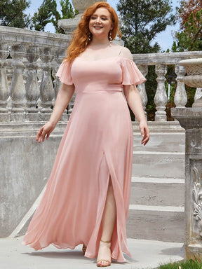 Color=Pink | Plus-Size Cold-Shoulder V-neck Evening Dress with Side Slit-Pink 1