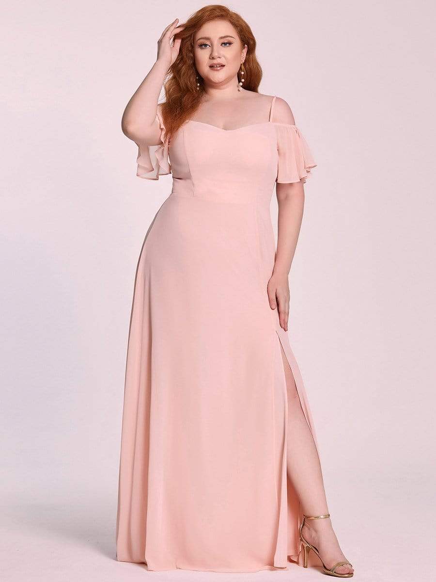 Stylish Cold-Shoulder Floor Length Bridesmaid Dress with Side Slit #color_Pink