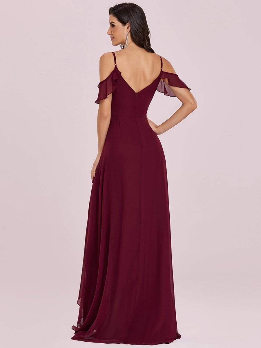 Color=Burgundy | Cold Shoulder V Neck Asymmetrical Hem Long Chiffon Bridesmaid Dress-Burgundy 5