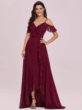 Color=Burgundy | Cold Shoulder V Neck Asymmetrical Hem Long Chiffon Bridesmaid Dress-Burgundy 6