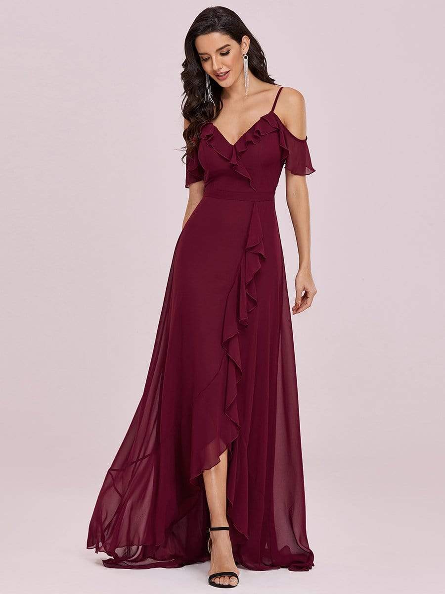 Color=Burgundy | Cold Shoulder V Neck Asymmetrical Hem Long Chiffon Bridesmaid Dress-Burgundy 7