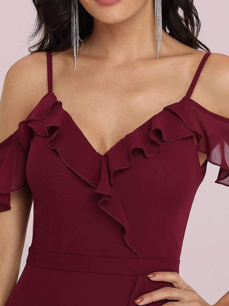 Color=Burgundy | Cold Shoulder V Neck Asymmetrical Hem Long Chiffon Bridesmaid Dress-Burgundy 8