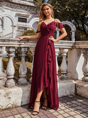 Color=Burgundy | Cold Shoulder V Neck Asymmetrical Hem Long Chiffon Bridesmaid Dress-Burgundy 3